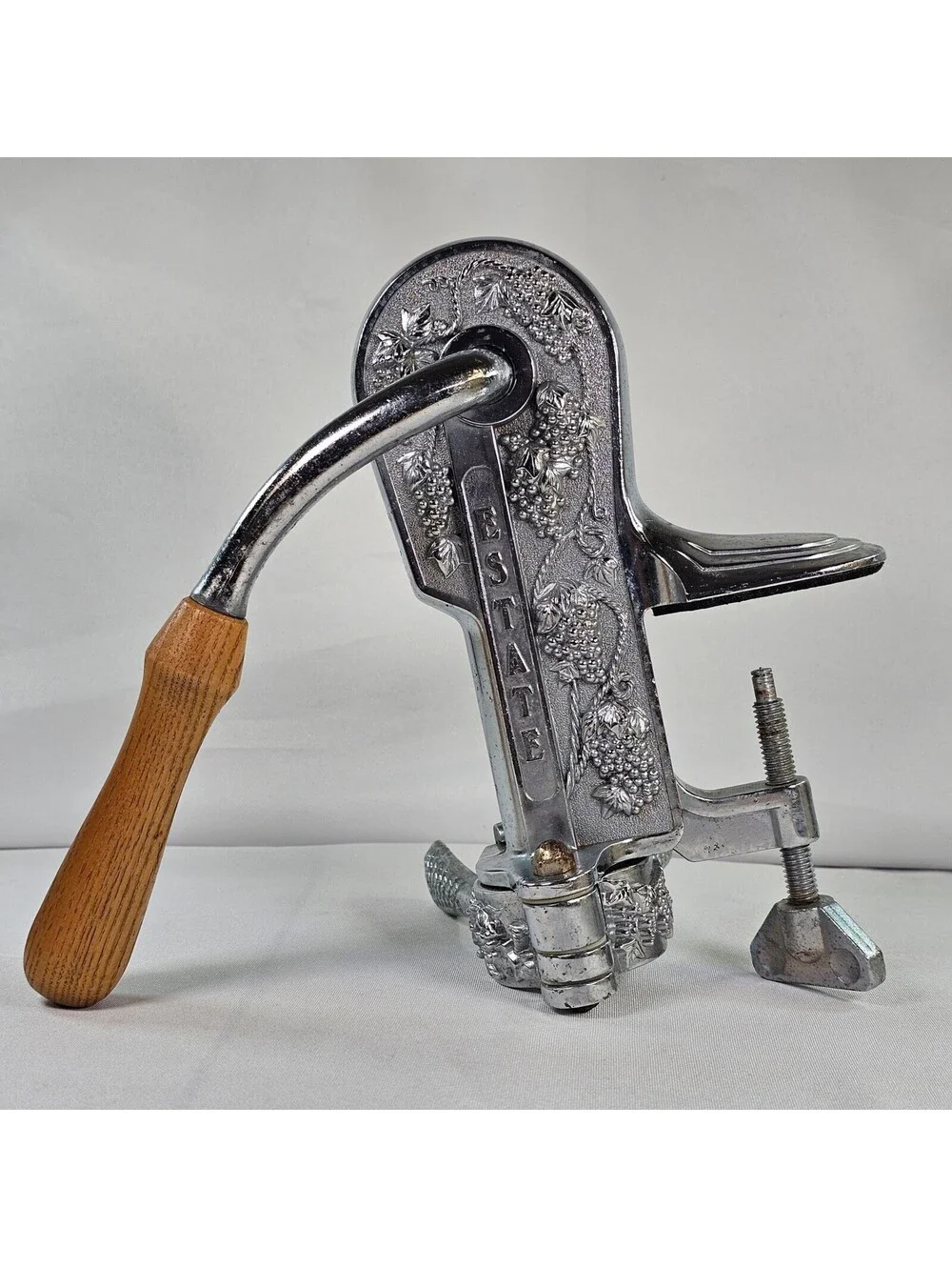 Estate Wine Opener Vintage Countertop Mount Corkscrew Chrome Grape Embossed Wood